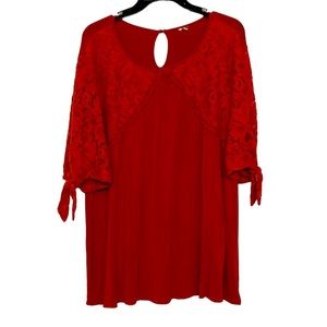 🌞 Cato red brown lace scoop neck tie sleeves keyhole back tunic top women 2X